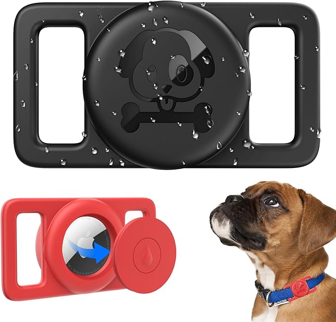 Airtag Dog Collar Holder Waterproof [2 Pack] Silicone Full Body Covered Ultra-Durable Lightweight Case Anti-Lost Protective Apple Air Tag Holder for Pet Dogs & Cats Collars (Black & Red)