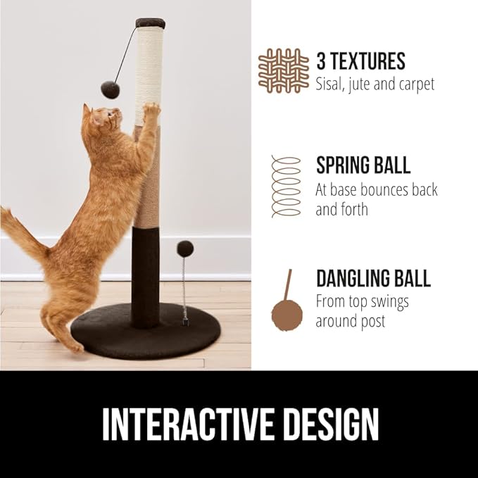 Gorilla Grip Heavy Duty Cat Scratching Post, All Natural Rope, Plush Carpet Secure Base Indoor Scratcher Cats, Kitten Nail File Tower, Spring and Rope Balls, Tall Sturdy Toy for Adults, Small Brown