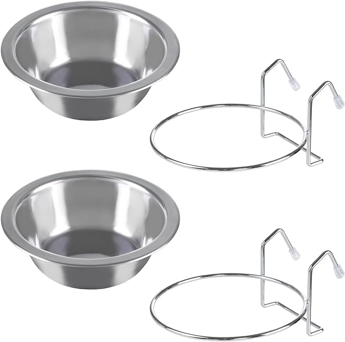 Set of 2 Stainless-Steel Dog Bowls - Cage, Kennel, and Crate Hanging Pet Bowls for Food and Water - 20oz Each and Dishwasher Safe by PETMAKER,Silver