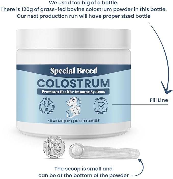 Bovine Colostrum for Dogs and Cats, Immune Support Supplement for Allergy and Itch Relief, Grass Fed Colostrum Powder (120 Grams)