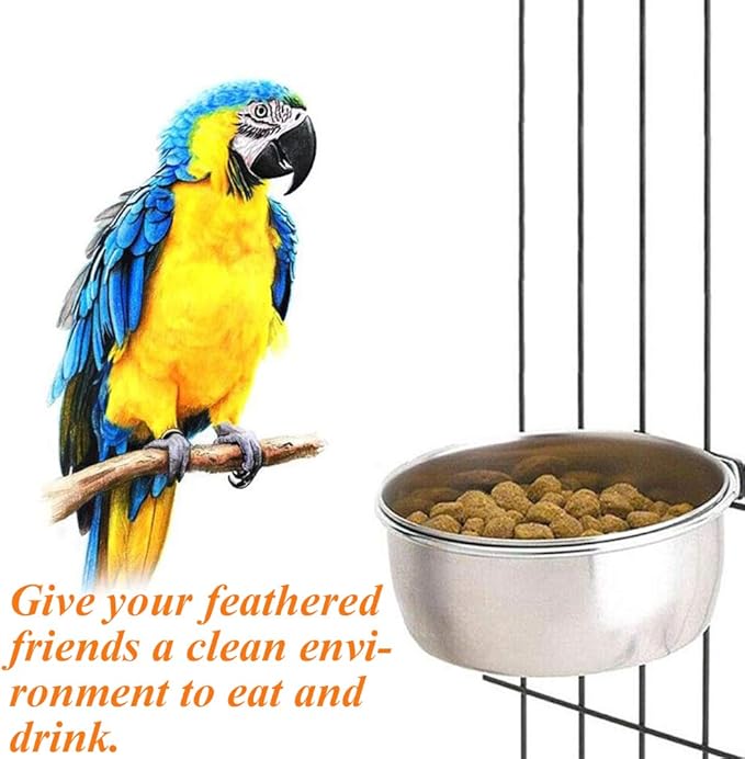 kathson 2 Pack Bird Feeding Cups with Clamp Holder, Parrot Food & Water Cage Hanging Bowl Stainless Steel Coop Cup Dish Feeder for Parakeet Cockatiels Conure Budgies Lovebird Finch,Style A