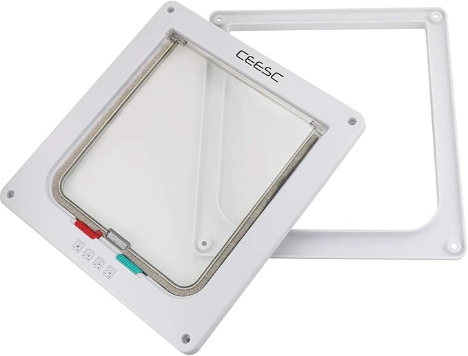 CEESC Large Cat Door (Outer Size 11" x 9.8"), 4 Way Locking Cat Door for Windows & Sliding Glass Door, Weatherproof Cat Flap Door for Cats & Doggie with Circumference < 24.8"