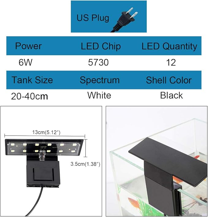 WEAVERBIRD Aquarium Light Fish Tank LED Light 6W 12 LED Planted Clip Lamp for 8-15Inch 6mm Thick Fish Tanks