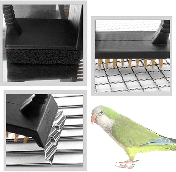 Bonaweite Bird Cage Cleaner, Bird Cage Cleaning Brushes, Multi-function Stainless Steel Triangle Bird Cage Brush Set, Birdcage Cleaner Poop off Scrub Brush Kit for Cleaning Bird Cage Perch Kennel