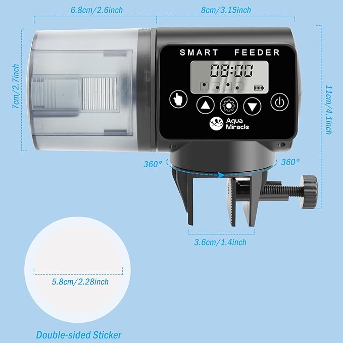 AquaMiracle Programmable Automatic Fish Feeder for Aquarium, Fish Food Timer Fish Food Vacation Feeder Auto Fish Feeder with Digital Display, for Granule Flakes Pallets Strips, Volume Adjustable