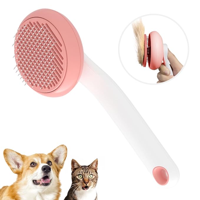 Cat Brush for Shedding, Pet Grooming Self Cleaning Slicker Brush for Cats & Dogs, Cat Deshedding Brush Easily Removes Tangles Hair and Loose Undercoat, Mats Tangled Hair Shedding Dog Brush (Pink)