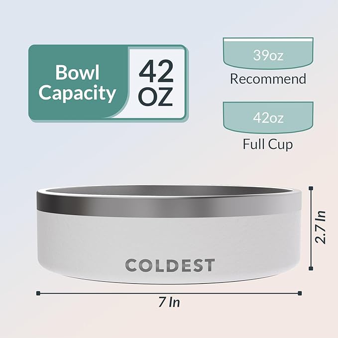 Coldest Dog Bowl - Anti Rust Metal & Non Slip Dog Bowls Large, Spill Proof Heavy Duty 3 Layers Insulated Dog Bowl - Food and Water Bowl for Dogs, Cats & Pets, Dishwasher Safe (42 oz, Epic White)