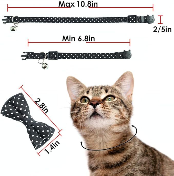 Cat Collar with Bell and Bow Tie, Breakaway Clasp Cute Dots Kitty Kitten Collar(6.8-10.8in)（Black Dots）