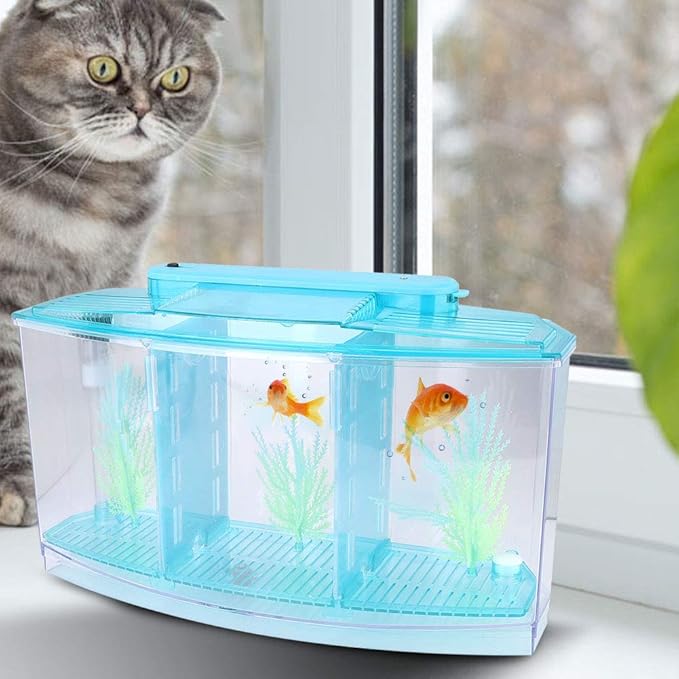 TOPINCN Aquarium Isolation Box Acrylic Breeding Hatchery Small Fishes Incubator Mini Fish with Three Divisions and LED Light(Blue)