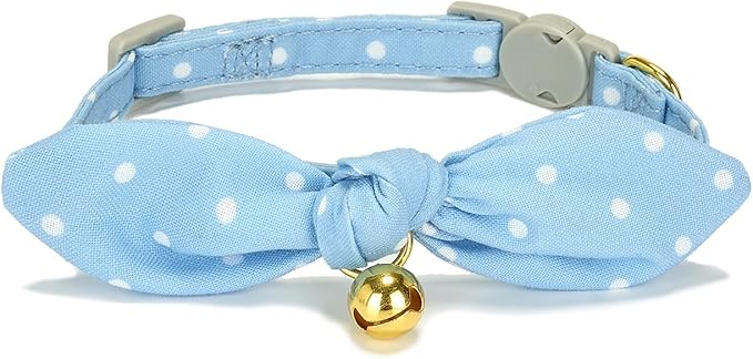 Bowtie Cat Collar with Bell, 2 Pack Cotton Breakaway Kitten Collars with Removeable Bow Stylish Cat Collars, Gradient Plaid & Polka Dot Blue