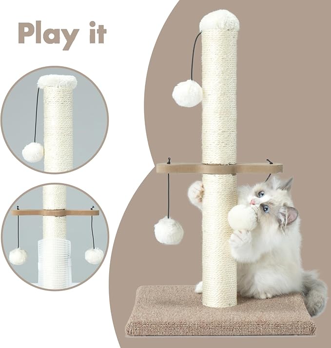 Cat Scratching Post, Small Sisal Scratch Posts for Indoor Kittens and Small Size Cats,with Hanging Ball Toys,21inches Beige