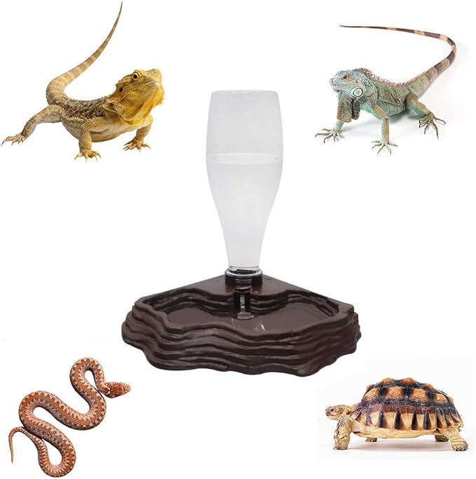 SLSON Reptile Water Feeder Automatic Water Dispenser Waterer 13.5Oz Feeding Accessories for Turtle Bearded Dragons Lizards Geckos for Terrarium Tank (Brown)