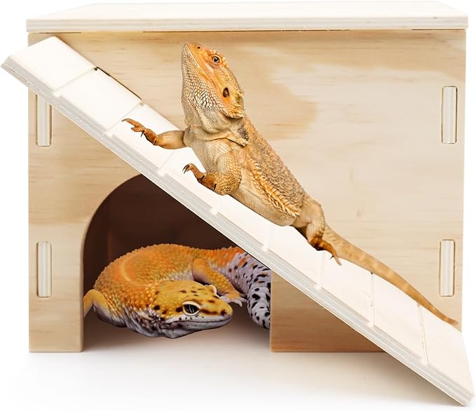 Large Bearded Dragon Hide Cave, Wooden Lizard Hideout with Climbing Ramp, Reptile Habitat with Basking Platform, Tank Accessories for Bearded Dragon Lizard Chameleon Hamster 11.3 x 9.1 x 7.1 Inch