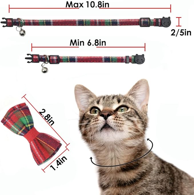 Cat Collar Breakaway with Bell and Bow Tie, Plaid Design Adjustable Safety Kitty Kitten Collars(6.8-10.8in)(Christmas Red&Green)