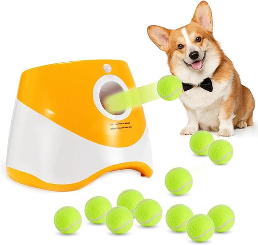 Automatic Dog Ball Thrower Launcher with 12 PCS Tennis Balls,Thrower Distance 10-30ft, Interactive Dog Fetch Machine Toy for Small Dogs (Yellow dog ball launcher)