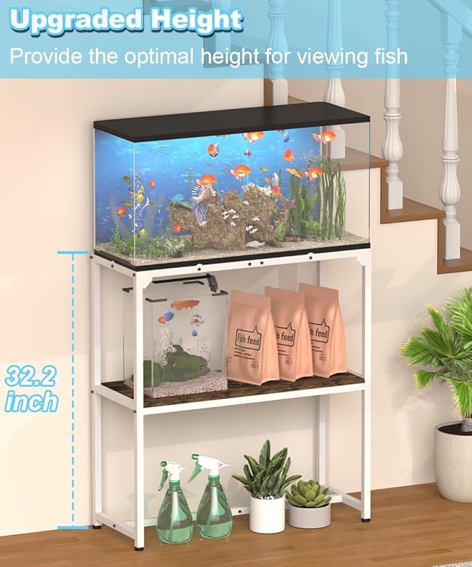 30 Gallon Fish Tank Stand, Upgraded Height Aquarium Stand Table with 2 Tiers Storage Shelf, Metal Reptile Breeder Turtle Terrarium Stand Rack for Home Office, 30" L x 12" W x 32.2" H, 660 LBS Capacity, White