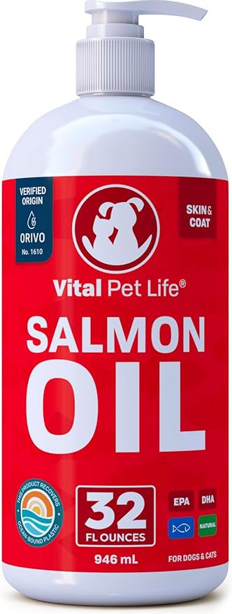 Salmon Oil for Dogs & Cats - Healthy Skin & Coat, Fish Oil, Omega 3 EPA DHA, Liquid Food Supplement for Pets, All Natural, Supports Joint & Bone Health, Natural Allergy & Inflammation Defense, 32 oz