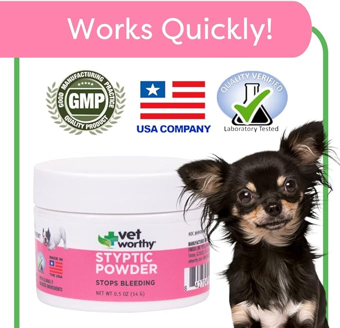 Vet Worthy Styptic Powder for Dogs - Wound Care Formula to Stop Bleeding from Minor Cuts, Nail Clipping, Declawing - Blood Stopper Powder with Ferric Subsulfate - 0.5oz