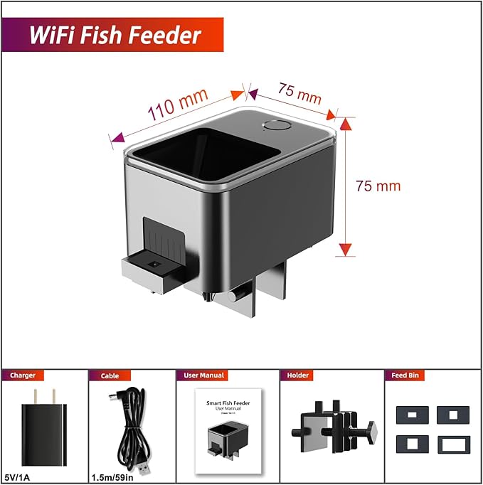 WiFi Automatic Fish Feeder for Aquarium, Food Dispenser for Fish Tank with App Control, USB Powered, Suitable for Small Fish Tank Pelleted Food, Black