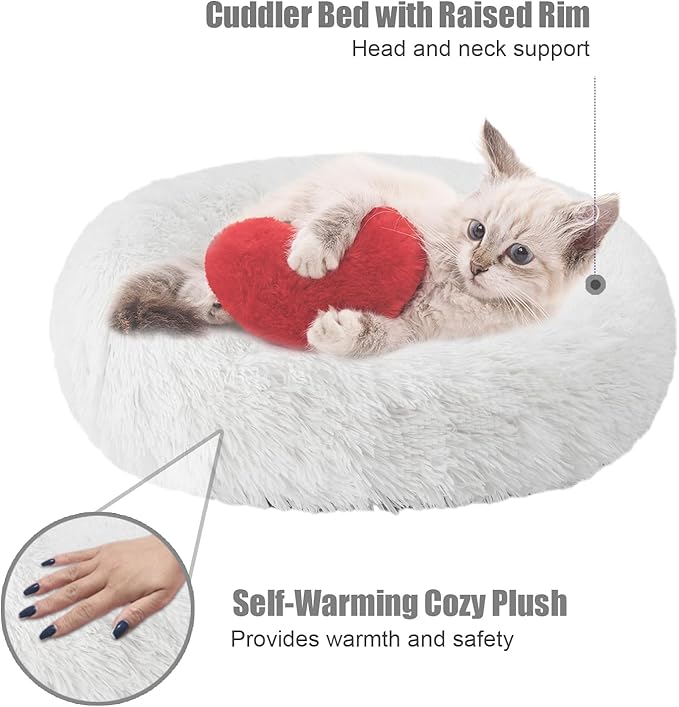 Aurako Cat Bed Dog Bed Round Cushion Pet Bed Mat Ultra Soft Plush Donut Sofa Comfortable Pillow Machine Washable Pet Cuddle Beds for Kitten Small Medium Large Dogs Cats 16" Milky White