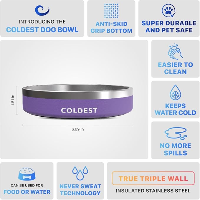 Coldest Dog Bowl - Anti Rust Metal & Non Slip Dog Bowls Large, Spill Proof Heavy Duty 3 Layers Insulated Dog Bowl - Food and Water Bowl for Dogs, Cats & Pets, Dishwasher Safe (21 oz, Galaxy Purple)