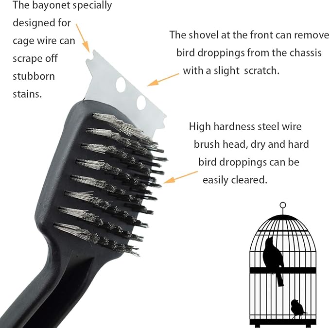 Stainless Steel Bird Droppings Cleaning Brush with Scraper Birdcage Accessory Parrot Pet Cage