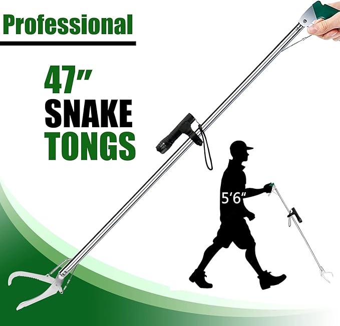 IC ICLOVER 47" Professional Snake Tongs, with Flashlight for Night Use, Heavy Duty Reptile Grabber Tool Rattle Snake Catcher, Professional Wide Jaw Snake Handling Tool with Lock, Non-Slip Grip Handle