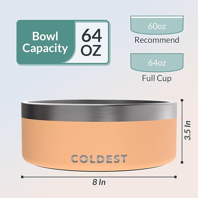 Coldest Dog Bowl - Anti Rust Metal & Non Slip Dog Bowls Large, Spill Proof Heavy Duty 3 Layers Insulated Dog Bowl - Food and Water Bowl for Dogs, Cats & Pets, Dishwasher Safe (64 oz, Sahara Peach)