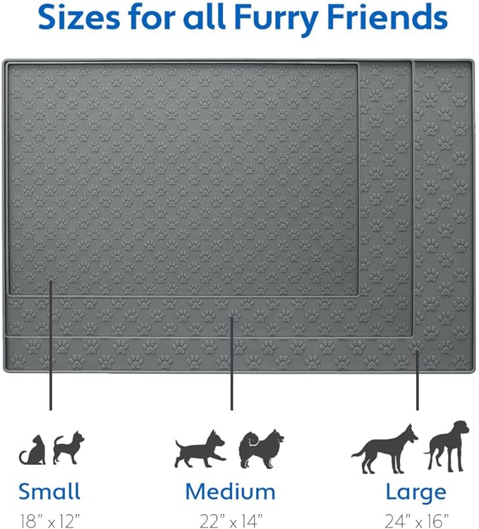 MIGHTY MONKEY 100% Waterproof Dog Food Mat, Raised Edges Silicone Pet Feeding Placemat for Cat, Dogs, Pet Bowls, High Lipped Tray Prevents Water Spills, Food on Floor, Dishwasher Safe, 18x12, Gray