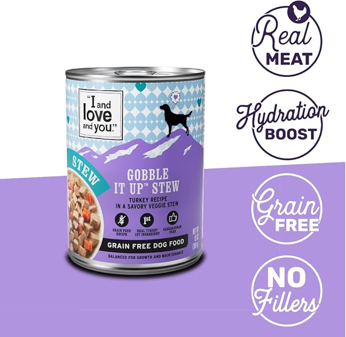 I AND LOVE AND YOU Wet Dog Food - Gobble It Up Stew - Turkey Recipe, Grain Free, Filler Free 13oz can, 12pk