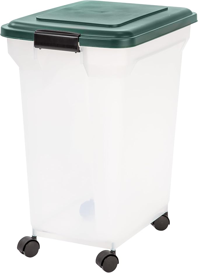 IRIS USA WeatherPro Airtight Dog Food Storage Container, Up to 42 lbs, Attachable Wheels, For Dog Cat Bird and Other Pet Food Storage Bin, Keep Fresh, Translucent Body, Green