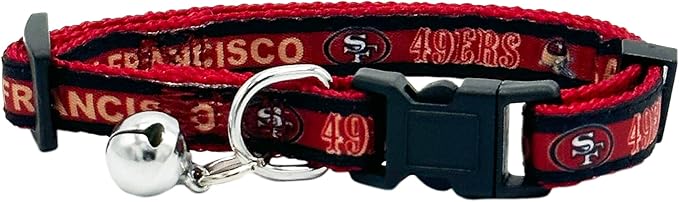 NFL CAT Collar San Francisco 49ers Satin Cat Collar Football Team Collar for Dogs & Cats. A Shiny & Colorful Cat Collar with Ringing Bell Pendant