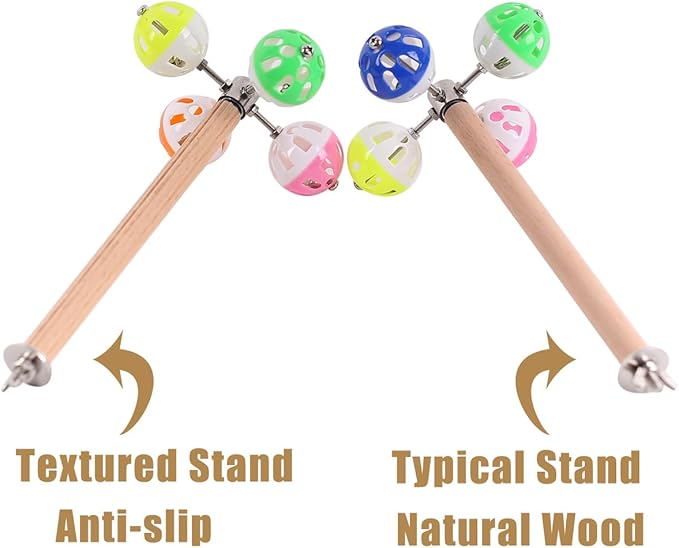 2-Pack Bird Perch Toy with Spinning Balls, Exercise Rotating Swing for Parakeet Budgies Cockatiel with One Textured Stand Perch and One Typical Wood Perch, Stainless Steel Wing Nut and Washers