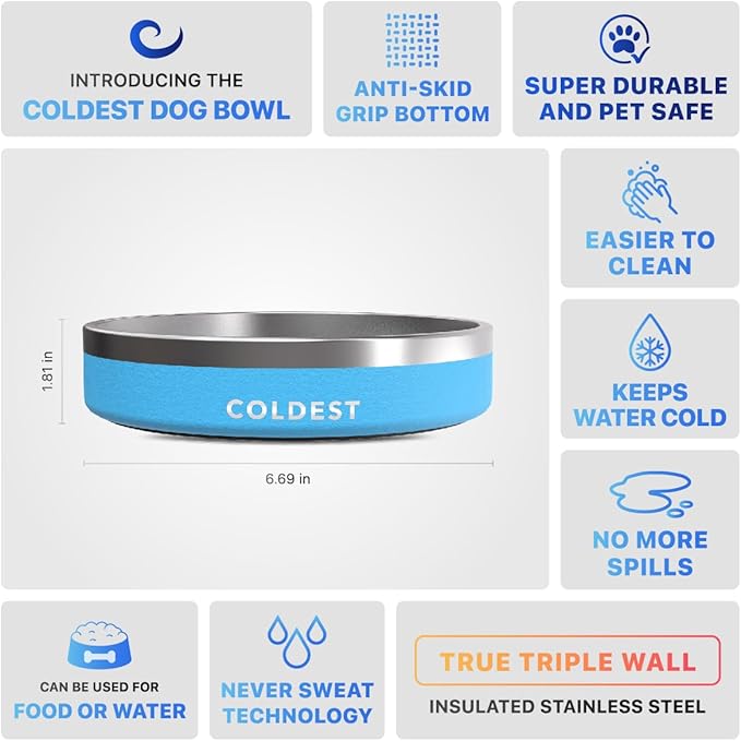 Coldest Dog Bowl - Anti Rust Metal & Non Slip Dog Bowls Large, Spill Proof Heavy Duty 3 Layers Insulated Dog Bowl - Food and Water Bowl for Dogs, Cats & Pets, Dishwasher Safe (21 oz, Celestial Blue)