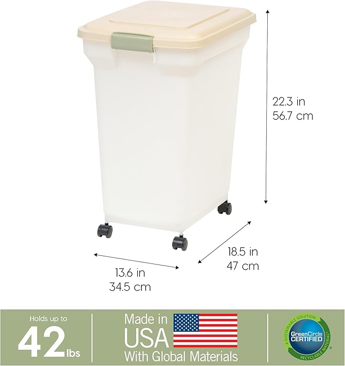 IRIS USA WeatherPro Airtight Dog Food Storage Container, Up to 42 lbs, Attachable Wheels, For Dog Cat Bird and Other Pet Food Storage Bin, Keep Fresh, Translucent Body, Pearl/Almond