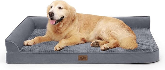 Orthopedic Dog Beds for Extra Large Dogs, Waterproof Memory Foam XXL Dog Bed with Sides, Non-Slip Bottom and Egg-Crate Foam Big Dog Couch Bed with Washable Removable Cover, Grey (L-Shaped)