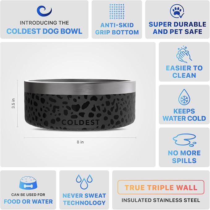 Coldest Dog Bowl - Anti Rust Metal & Non Slip Dog Bowls Large, Spill Proof Heavy Duty 3 Layers Insulated Dog Bowl - Food and Water Bowl for Dogs, Cats & Pets, Dishwasher Safe (64 oz, Black Leopard)