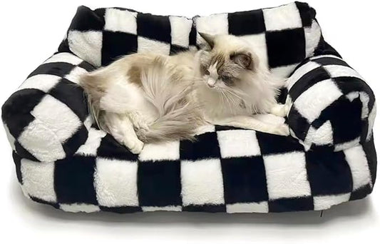 Pet Couch Sofa Bed, Checkers Plaid Washable Cat Beds for Medium Small Dogs & Cats Durable Plush Cat Couch Pet Sofa Bed Puppy Sleeping Bed Soft Anti-Slip (Black Plaid)