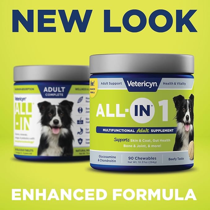 Vetericyn ALL-in 1 Multifunctional Dog Supplement | Digestive Enzymes + Glucosamine and Chondroitin for Bone and Joint Support + Vitamins, Antioxidants, Prebiotics, Probiotics, and Omegas. 90 Count