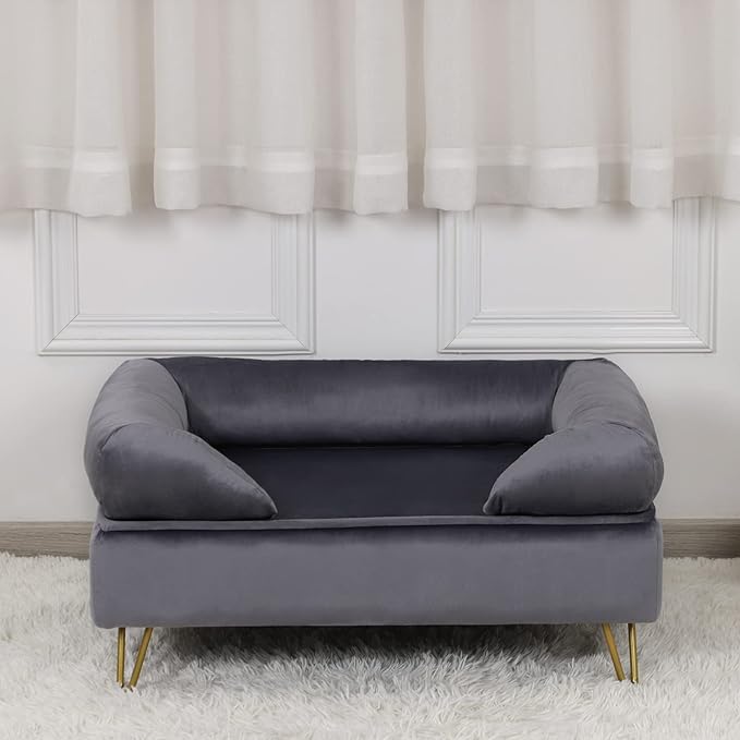 Dog Sofa Bed, Soft Velvet Fabric, Wooden Frame, Medium Dog Rest, Grey