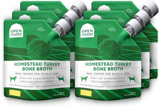 Open Farm Bone Broth, Food Topper for Both Dogs and Cats with Responsibly Sourced Meat and Superfoods without Artificial Flavors or Preservatives, 72oz (6 Pack Homestead Turkey)