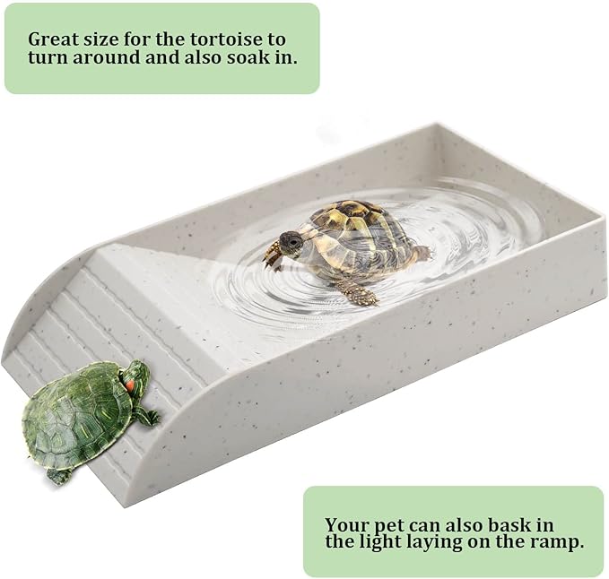 Reptile Tortoise Turtle Feeding Dish with Ramp and Basking Platform Reptile Tortoise Food and Water Bowl Reptile Pool with Ramp (Granite Texture)