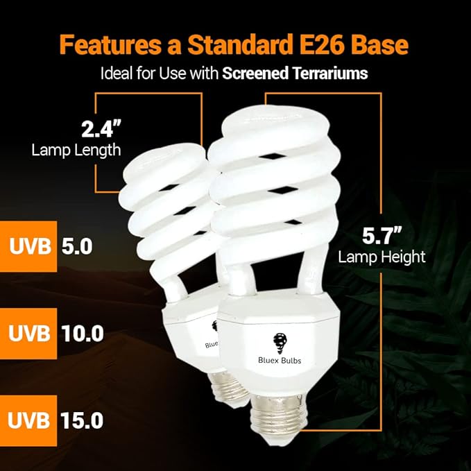 2 Pack 23-Watt Reptile Bulb Desert UVA UVB Light - 10.0 UVB Reptile Light - Compact Florescent Terrarium Bulb Suitable for Desert Reptiles Lizards Bearded Dragons Tortoises CFL UVB Bulb (23 Watt 10.0)