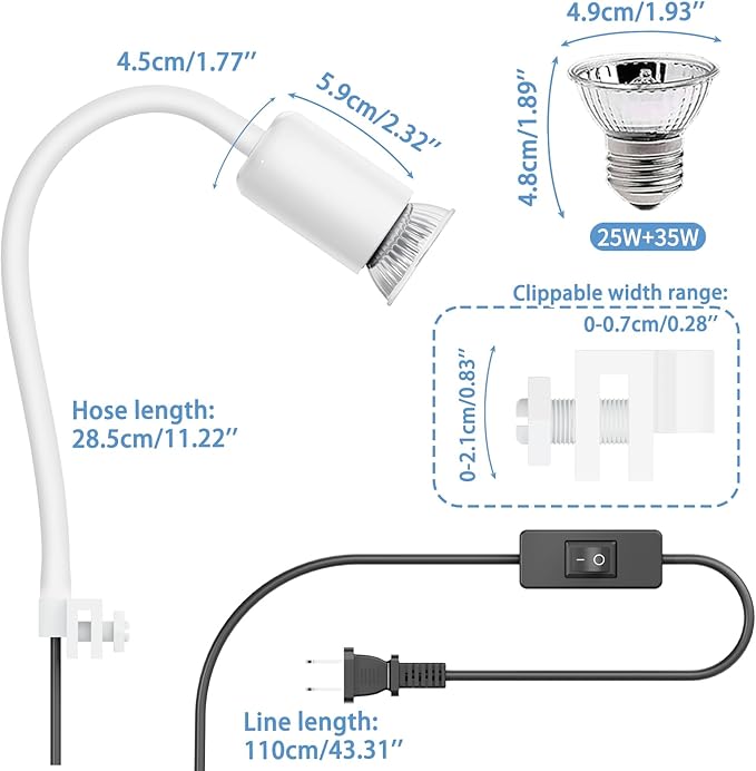 Reptile Heat Lamp, 360° Rotatable UVA/UVB Light Lamp with 2 Pack Basking Bulbs (25W + 35W), Suitable for Bearded Dragon, Reptiles, Turtle, Lizard, Snake (White)