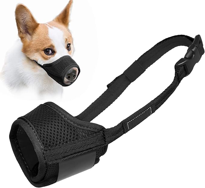 LUCKYPAW Dog Muzzle Anti Biting Barking and Chewing with Comfortable Mesh Soft Fabric and Adjustable Strap, Suitable for Small, Medium and Large Dogs(Black,XL)