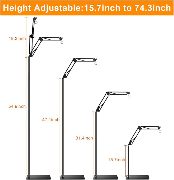 Reptile Lamp Stand Reptile Heat Lamp Stand (15.7inch to 74.3inch) with 360° Adjustable Swing Arm, Reptile Light Stand for Bearded Dragon Turtles Snake and Chicks