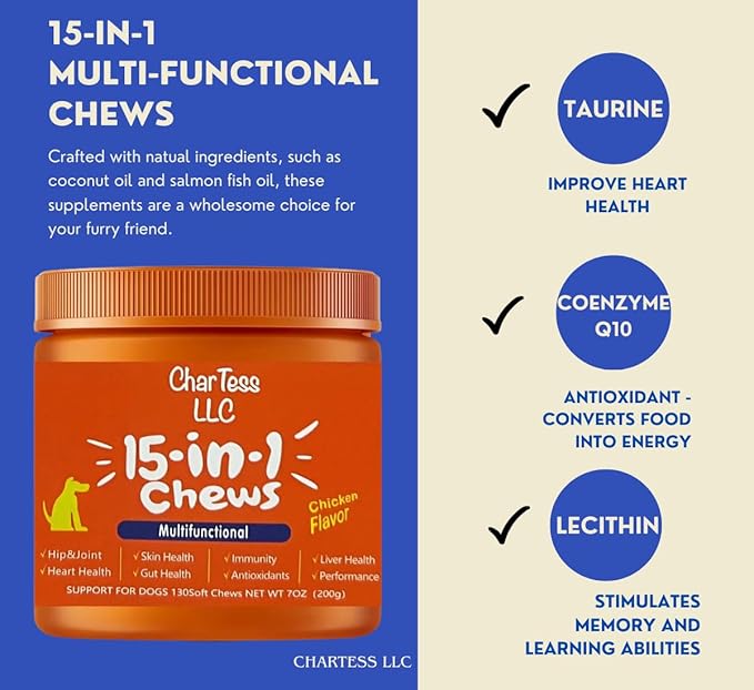 15-in-1 Multivitamin Dog or Cat Chews - Salmon Oil, Immune Support, Heart Health, Hip and Joint Health - 130 Soft Chews