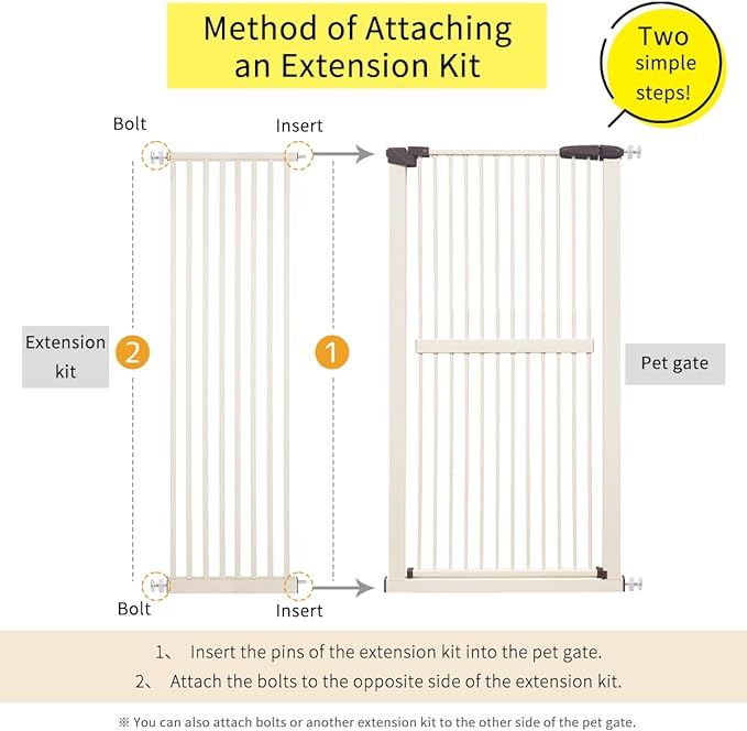 Extra Tall Pet Gate 55.12" High Pressure Mounted 16.73" Wide Extension kit 1.37" Gap (16.73", Cream White)