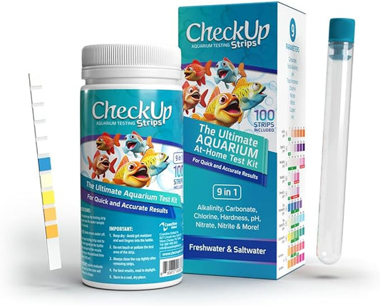 CheckUp Aquarium Test Strips | Test Kit for Freshwater, Saltwater, Pond, Fish Tank | 9 Parameters Test for Iron, Copper, Nitrite, Nitrate, Chlorine, Hardness, pH, Alkalinity and Carbonate | 100 Strips