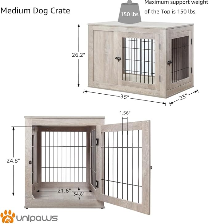 unipaws Furniture Style Dog Crate for Medium Dogs, Indoor Aesthetic Puppy Kennel with Door, Modern Decorative Wood Wire Pet House Dog Cage, Pretty Cute End Side Table Nightstand, Weathered Grey